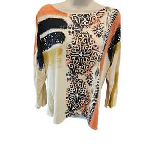 CDP Womens Top 3/4 Sleeve Sequin Embellished Boho Eclectic Casual Art 1X EUC +